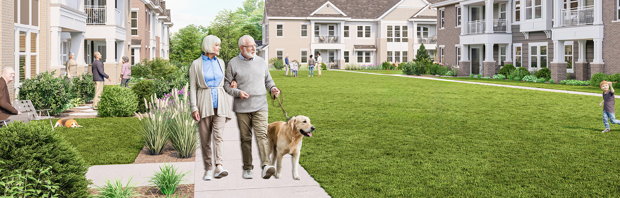 Seniors walking dog rendering