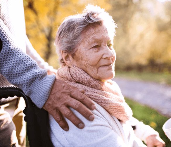 Senior woman is comforted in a wheel chair