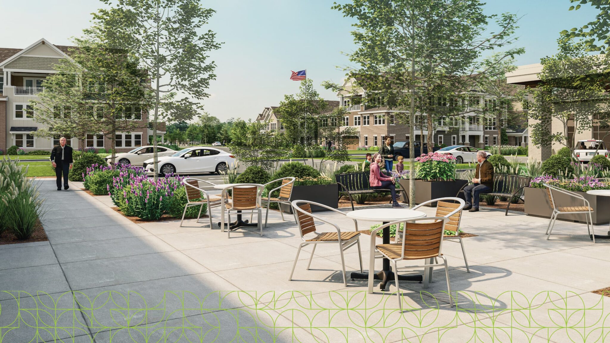 Render of new outdoor space occupied by happy families